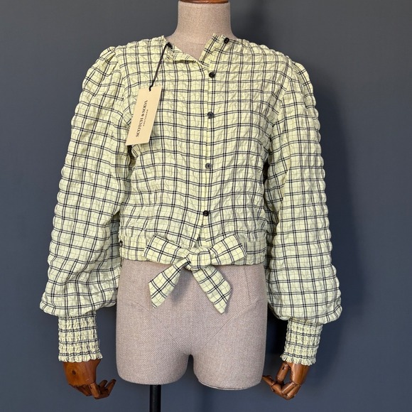 New Women's Scotch & Soda Seerscucker Ruched Blouse | Size L | Yellow Plaid Boho - Picture 2 of 10